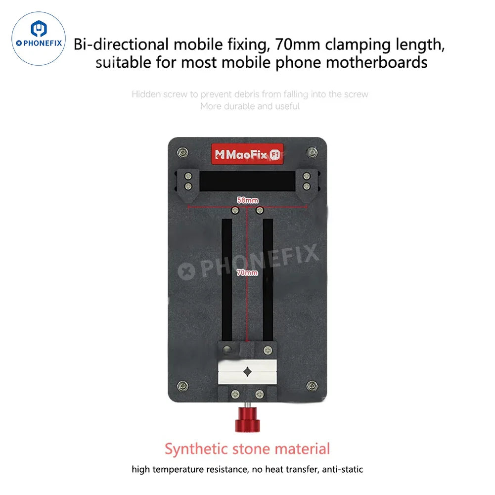 PHONEFIX MaoFix-F1 motherboard repair clamp for IC chip degumming and testing on motherboard repair fixture.
