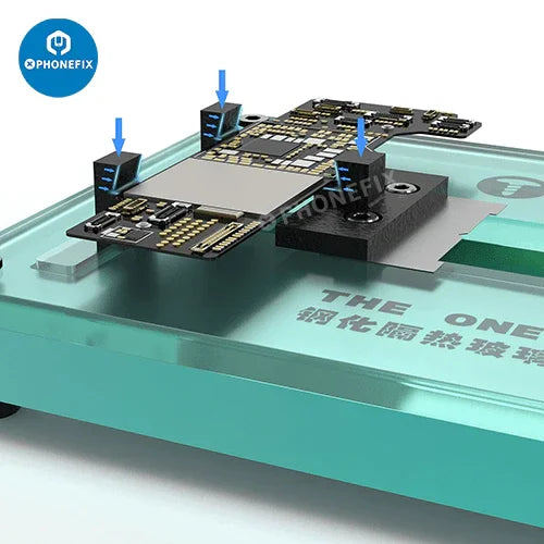 2UUL The One Jig universal PCB board holder for motherboard repair, featuring a PhoneFix mainboard test fixture.
