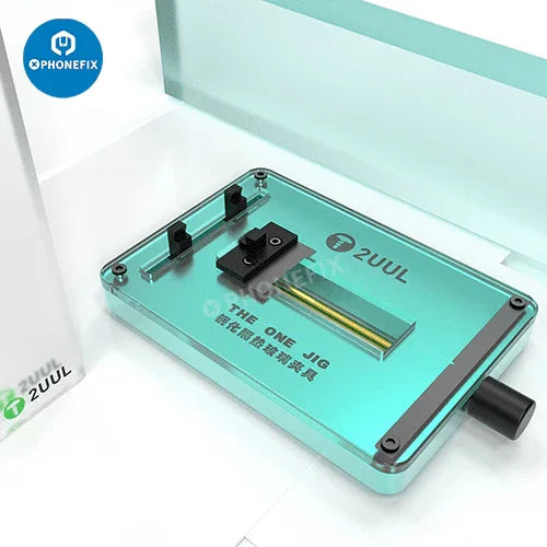 2UUL The One Jig universal PCB board holder for motherboard repair, designed by PHONEFIX, used as a mainboard test fixture.
