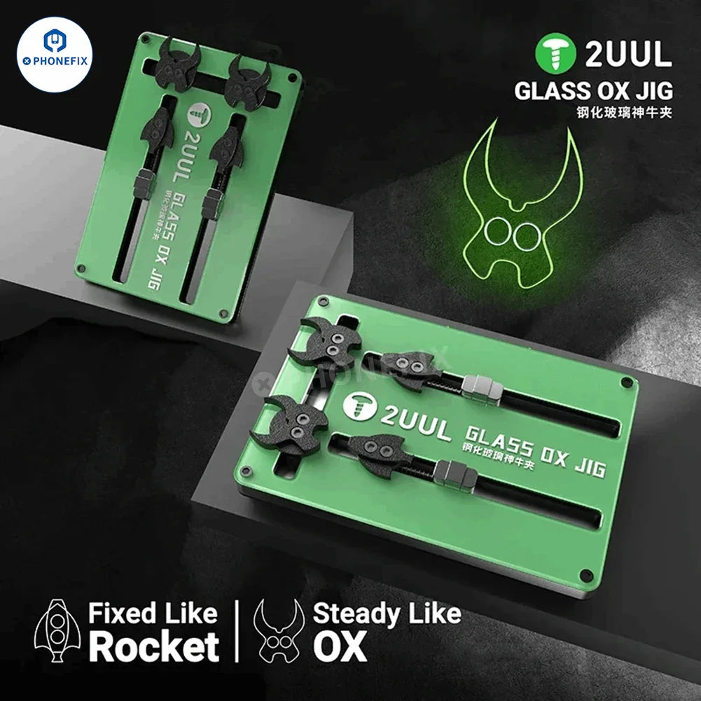 Phonefix 2UUL THE SMILE JIG OX glass fixture for phone PCB IC soldering and motherboard testing clamp, shown in the image.