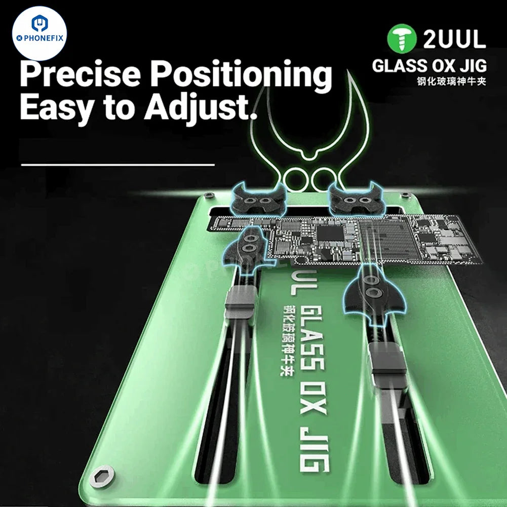 PHONEFIX 2UUL THE SMILE JIG OX glass fixture for phone PCB IC soldering, used as a motherboard test fixture for precise electronics work.