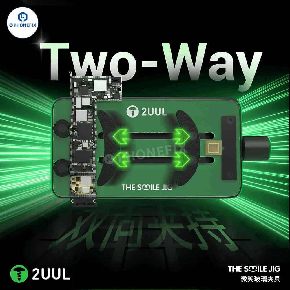 2UUL THE SMILE JIG OX glass fixture for phone PCB IC soldering, used as a motherboard test fixture by PHONEFIX.