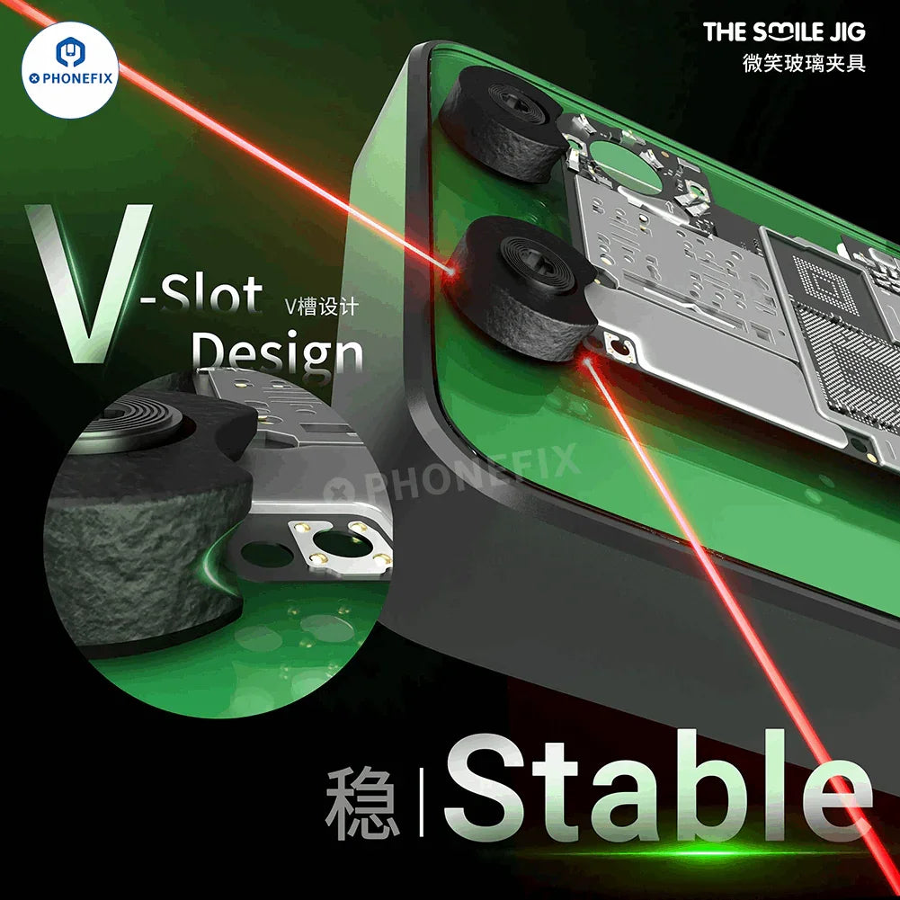 PhoneFix 2UUL THE SMILE JIG OX glass fixture for phone PCB IC soldering, used as a motherboard test fixture with metal clamp components.