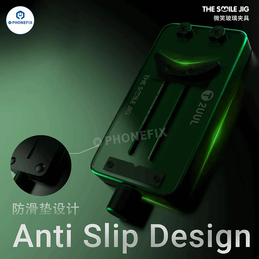 PhoneFix 2UUL THE SMILE JIG OX glass fixture for phone PCB IC soldering and motherboard testing, with metal clamp and test points.