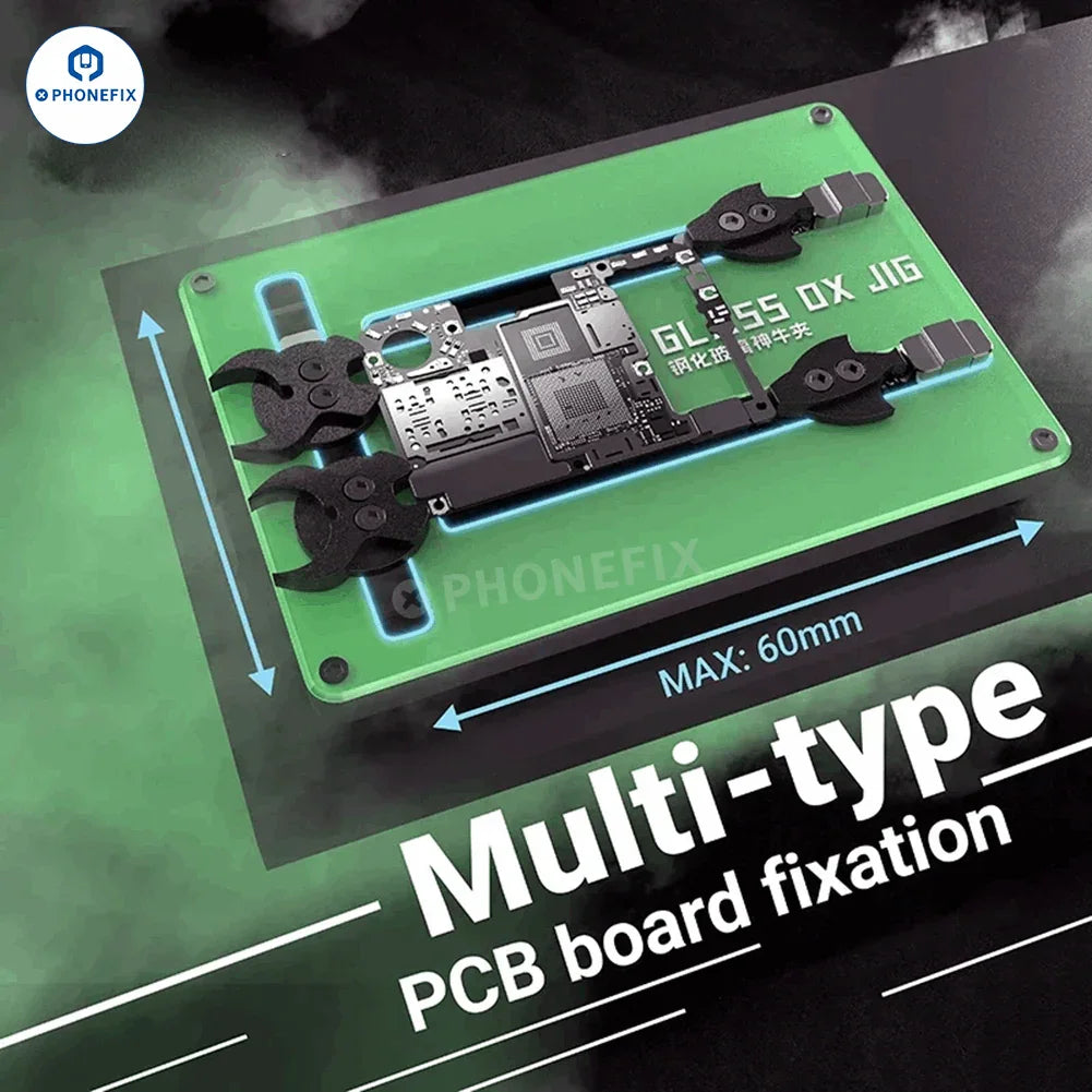 PhoneFix 2UUL THE SMILE JIG OX glass fixture for phone PCB IC soldering; motherboard test fixture with clamp for electronic repairs.