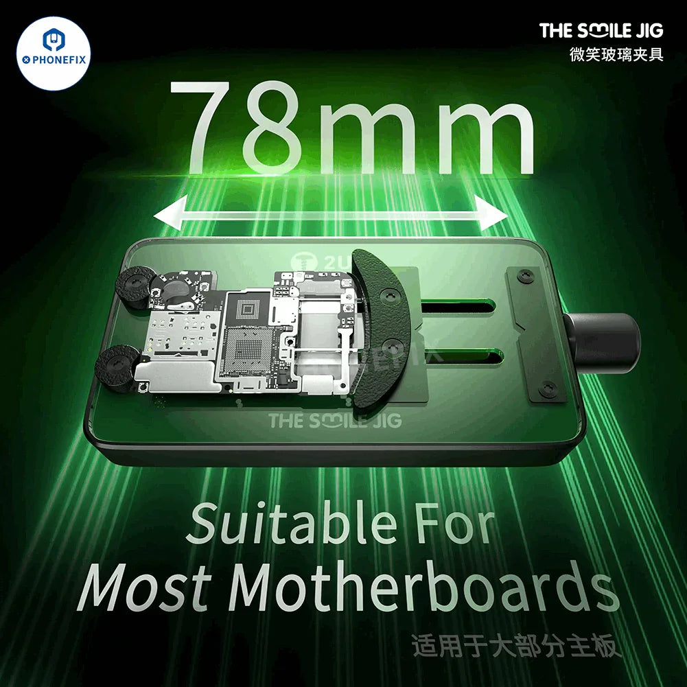 PHONEFIX 2UUL THE SMILE JIG OX glass fixture for phone PCB IC soldering and motherboard testing, with metal clamps and precise positioning.