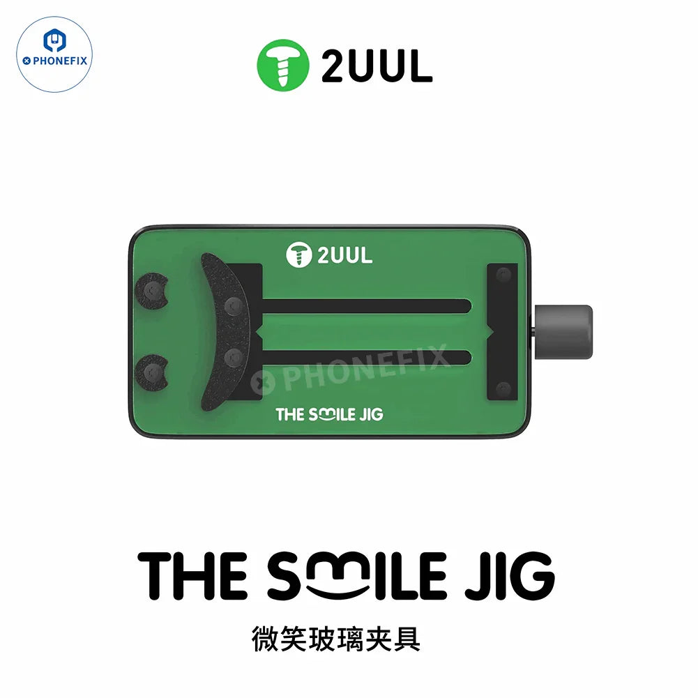 Phonefix 2UUL THE SMILE JIG OX glass fixture for phone PCB IC soldering; motherboard test fixture with secure clamp setup.