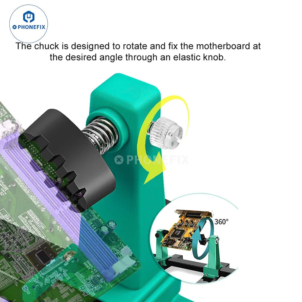 Adjustable PHONEFIX motherboard test fixture with clamp holder for PCB repair and testing, featuring a sturdy assembly stand.