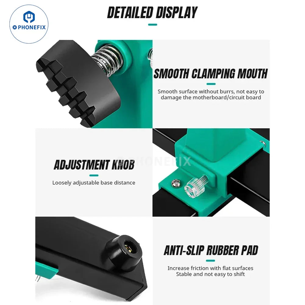 PHONEFIX adjustable motherboard PCB holder assembly stand clamp, test fixture for repairing and securing motherboards during repair.