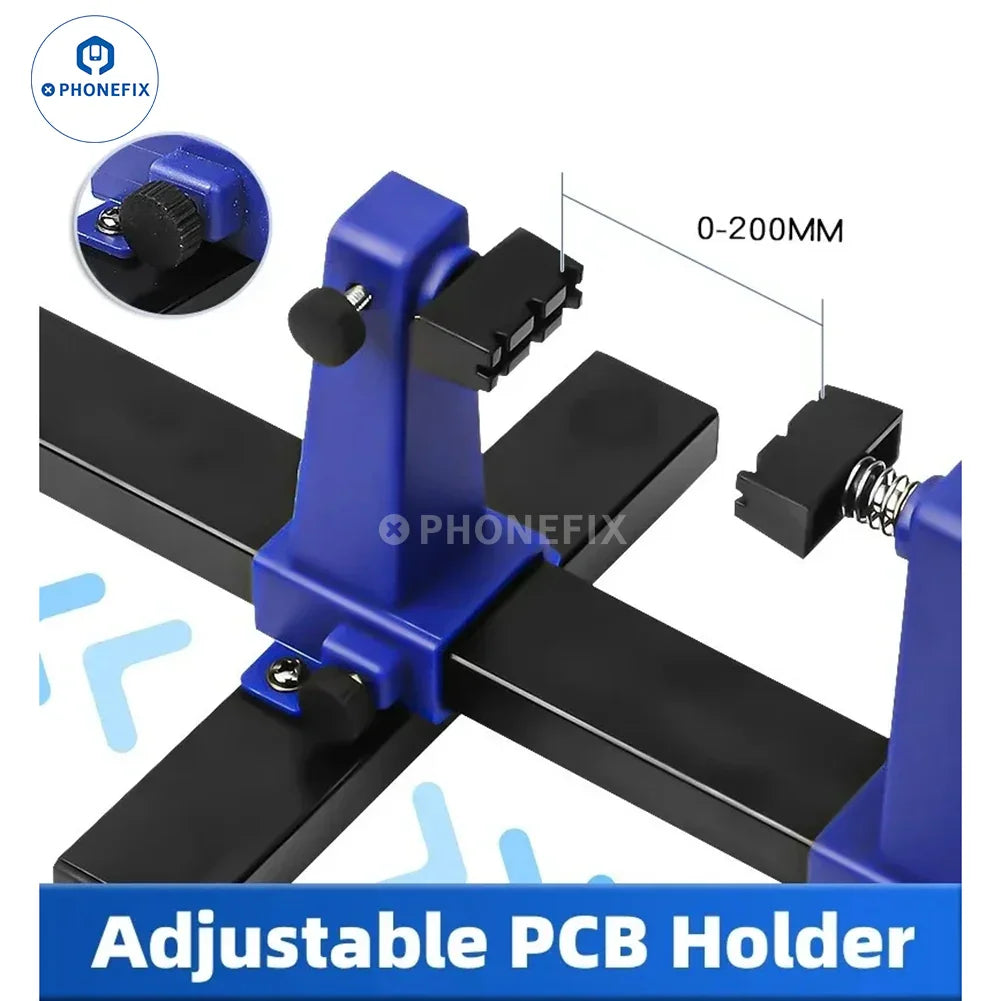PHONEFIX adjustable motherboard PCB holder assembly stand clamp for repair and testing of motherboard circuit boards.
