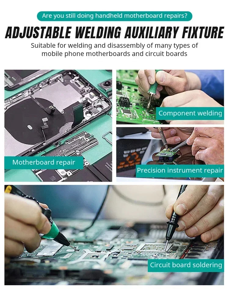 PHONEFIX adjustable motherboard PCB holder assembly stand clamp for repair, featuring test fixture design and secure clamping mechanism.