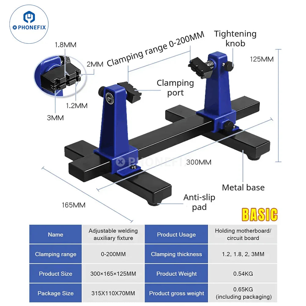 PhoneFix adjustable motherboard PCB holder assembly stand clamp for repair, test fixture for secure motherboard positioning.