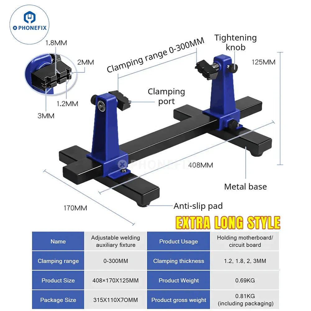 PHONEFIX adjustable motherboard PCB holder assembly stand clamp for repair and testing of motherboards.