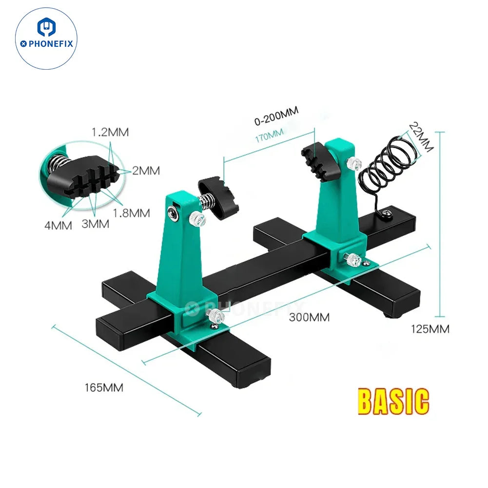 PHONEFIX adjustable motherboard PCB holder assembly stand with clamp for testing and repair of circuit boards.