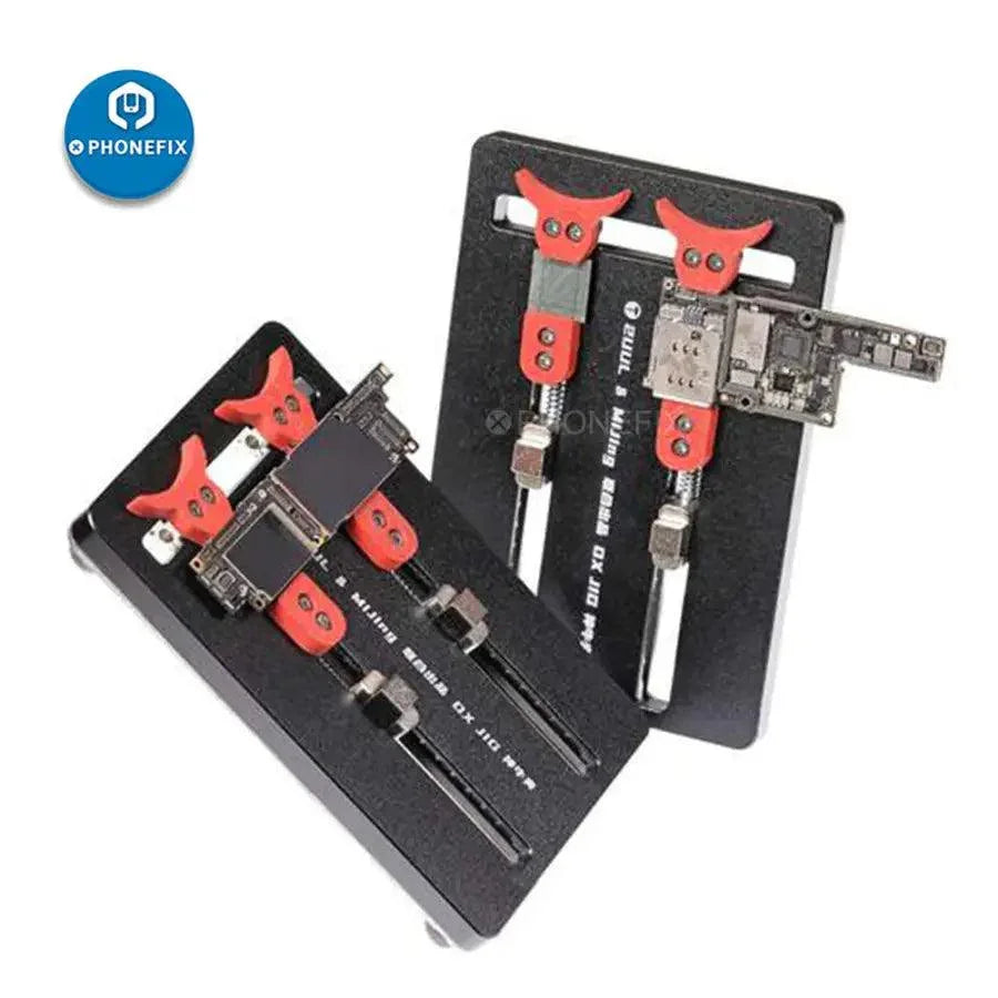 PhoneFix 2UUL OX JIG multifunction PCB motherboard test fixture for phone repair, showing a sturdy holder with adjustable components.