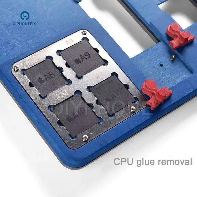 PHONEFIX 8-in-1 multi-function PCB test fixture for iPhone 6, 7, and 8 motherboard repair, displaying the test holder setup.