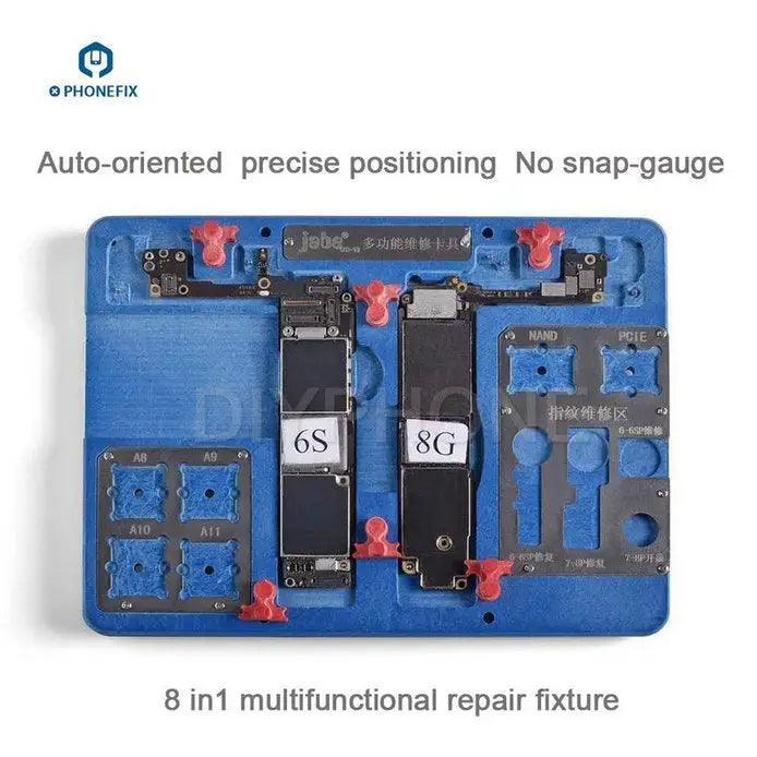 PhoneFix 8-in-1 multi-function PCB test fixture for iPhone 6, 7, 8 motherboard repair, holding and testing circuit boards.