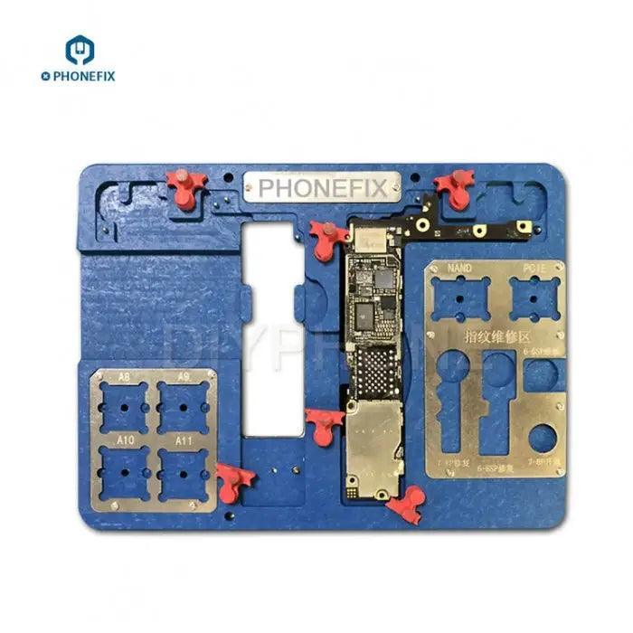 PHONEFIX 8-in-1 multi-function PCB test holder fixture for iPhone 6, 7, 8 motherboard repair, includes test port and secure clips.