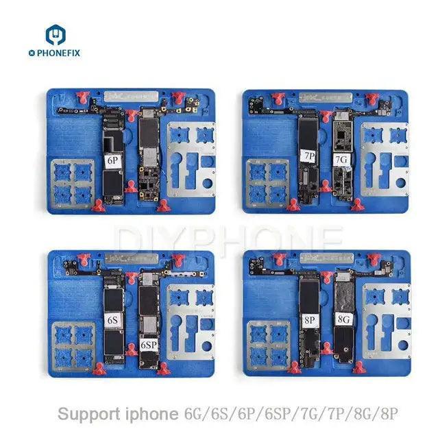 PhoneFix 8-in-1 multi-function PCB test holder fixture for iPhone 6, 7, and 8 motherboard repair.