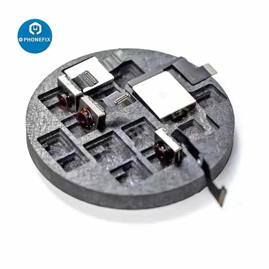 PhoneFix rear camera repair fixture for iPhone 7 to 12 Pro Max, used for motherboard testing and camera repairs.