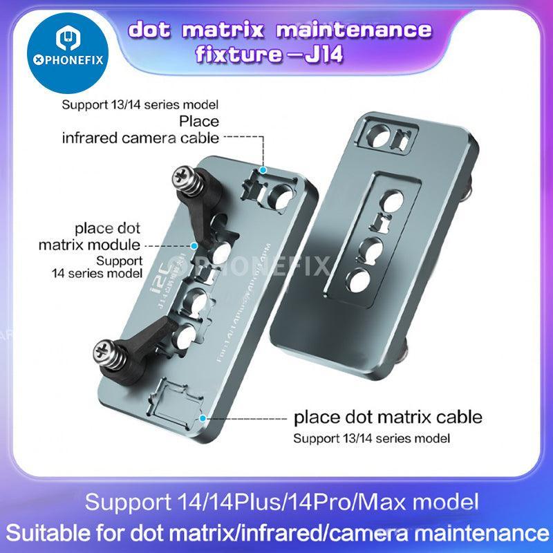 PHONEFIX i2C J14 Dot Matrix Fixture for iPhone 14 Series Face ID repair, motherboard test fixture with circuit board and components.