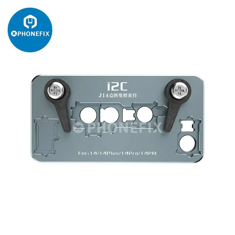 PHONEFIX i2C J14 Dot Matrix Fixture for iPhone 14 Face ID repair, motherboard test holder with detailed components visible.