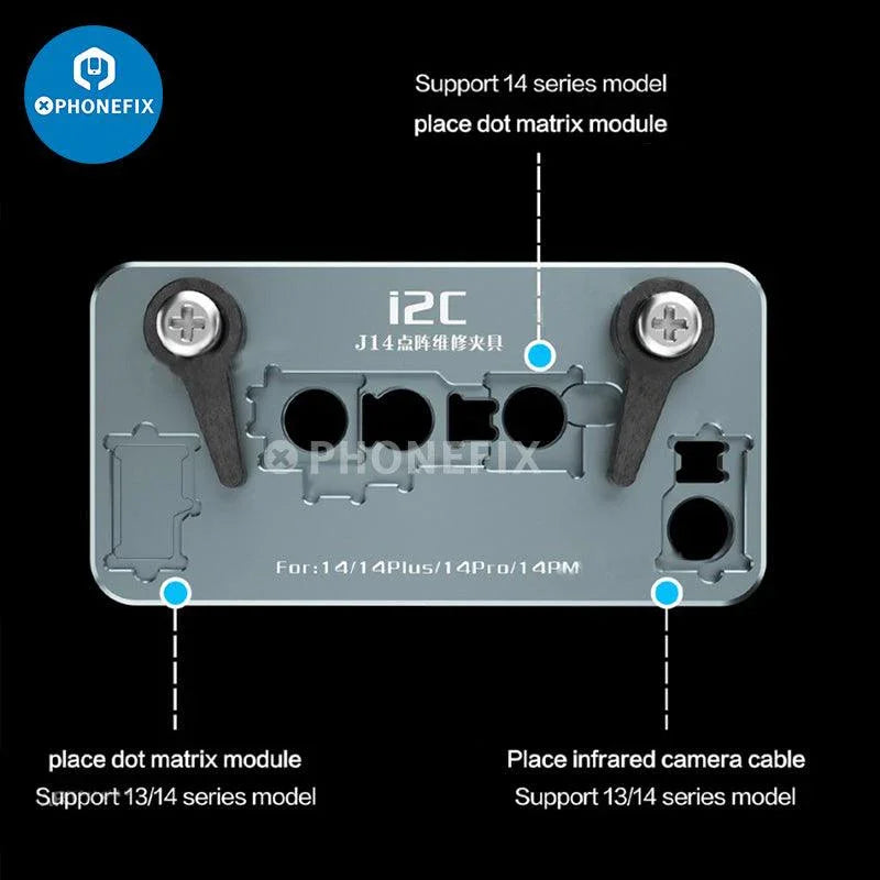 PHONEFIX i2C J14 Dot Matrix Fixture for iPhone 14 Series Face ID repair, motherboard testing holder with dot matrix display.