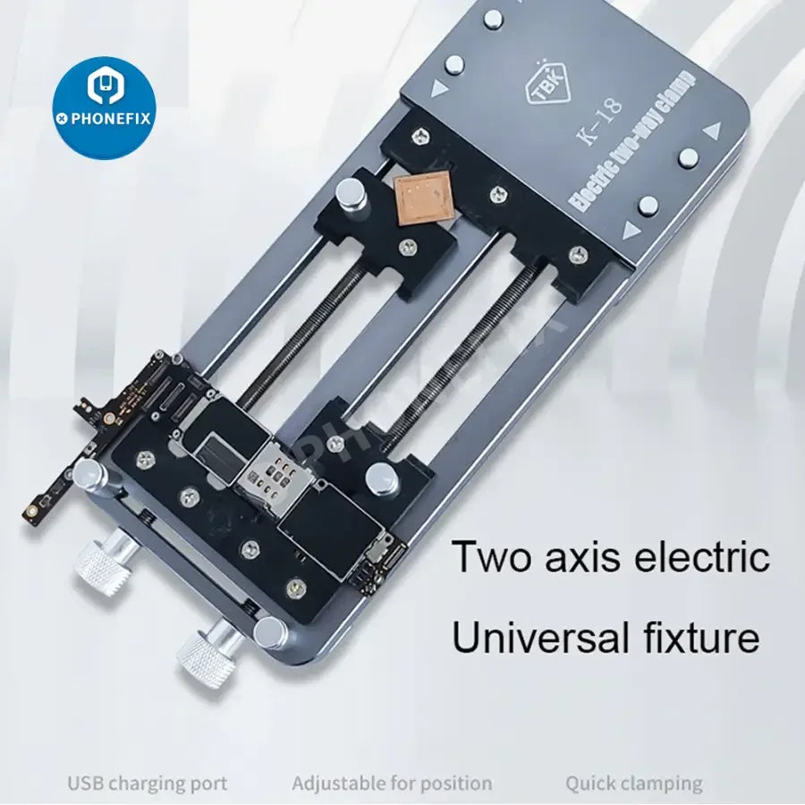PhoneFix K-18 universal electric BGA motherboard test fixture with biaxial clamp for chip and IC placement.