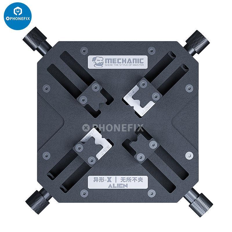 PhoneFix Alien-X 360° universal motherboard test fixture with adjustable holder for repairing and testing motherboards.