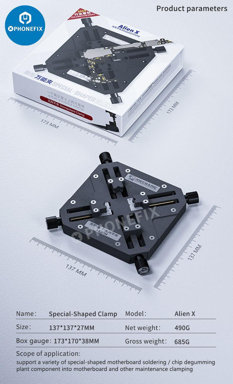 PHONEFIX Mechanic Alien-X 360° Universal Motherboard Test Fixture holding a motherboard for testing and repair.
