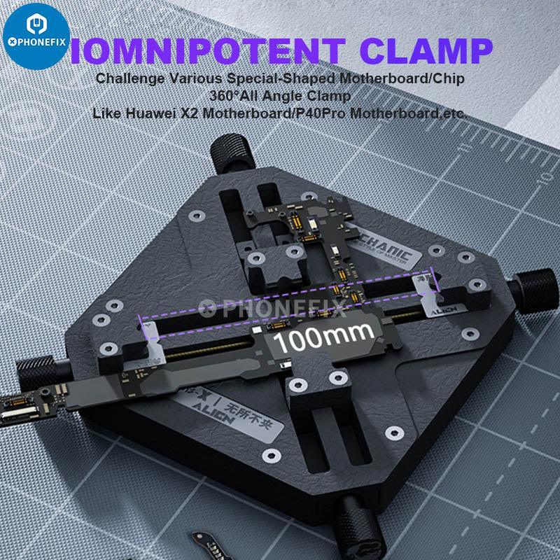 PhoneFix Alien-X 360° universal motherboard test fixture holding a motherboard for repair and testing.