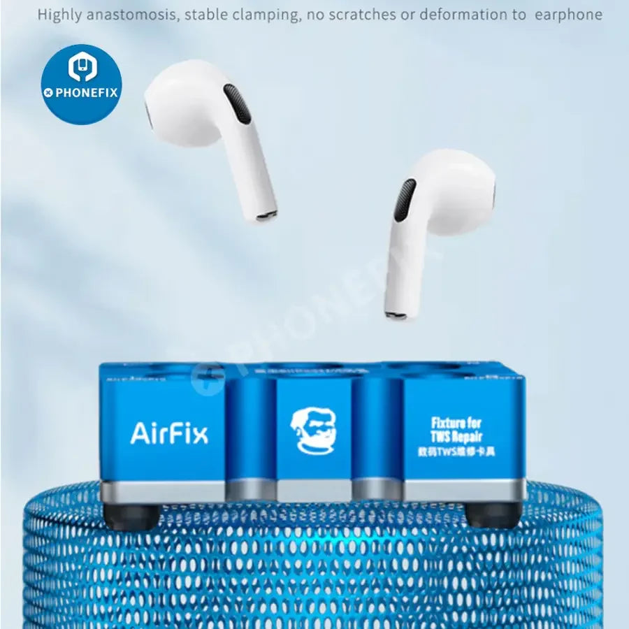 PhoneFix mechanic earphone clip cover opening fixture for AirPods 1/2/Pro, used for repair and motherboard testing.