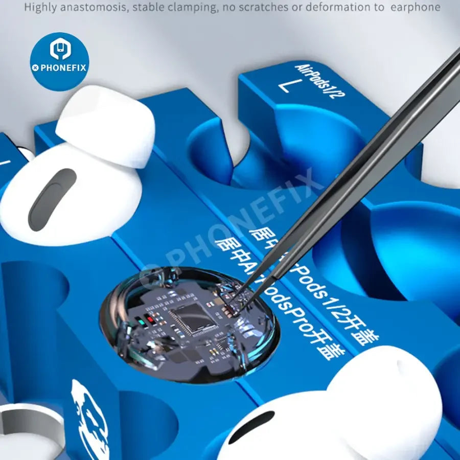 PHONEFIX mechanic earphone clip cover and opening fixture for AirPods 1, 2, and Pro, used for repair and motherboard testing.