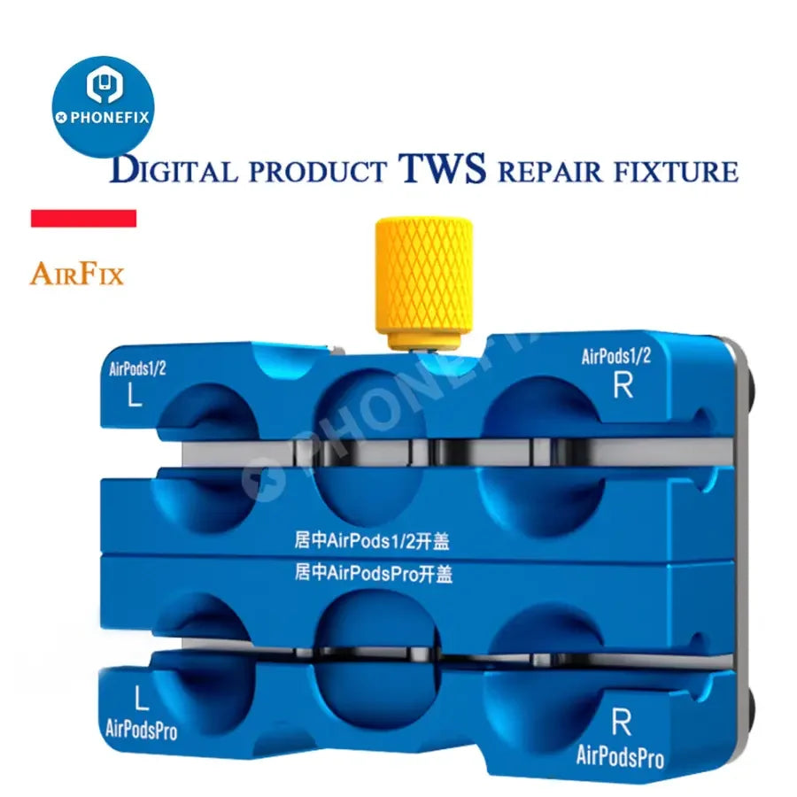 PHONEFIX mechanic earphone clip cover opening fixture for AirPods 1, 2, and Pro repair, used as a motherboard test fixture.