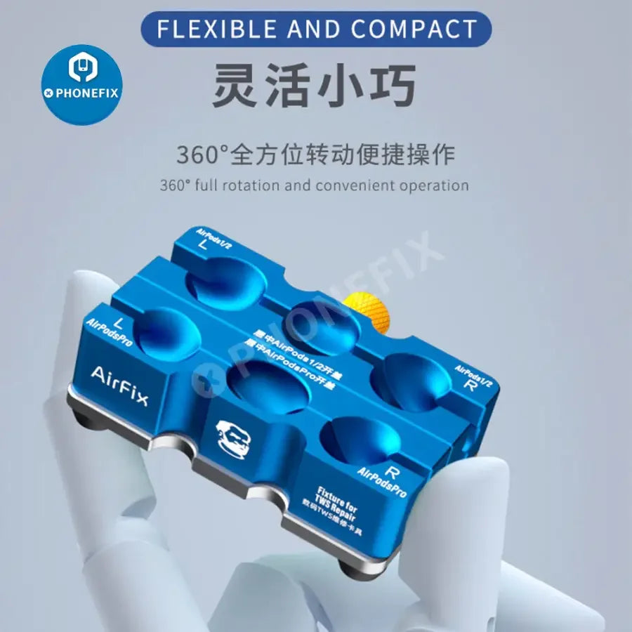 PHONEFIX mechanic earphone clip cover for AirPods 1/2/Pro repair, used as a motherboard test fixture for opening and fixing.