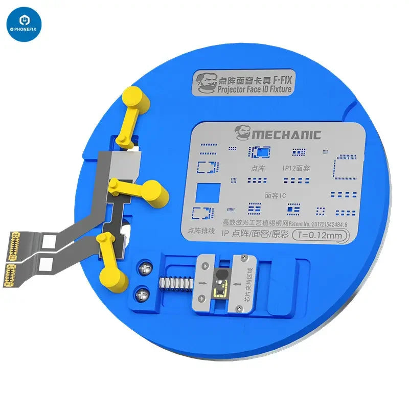 PhoneFix Mechanic F-Fix Dot Projector Face ID Fixture for motherboard reballing and testing on motherboard test fixture.