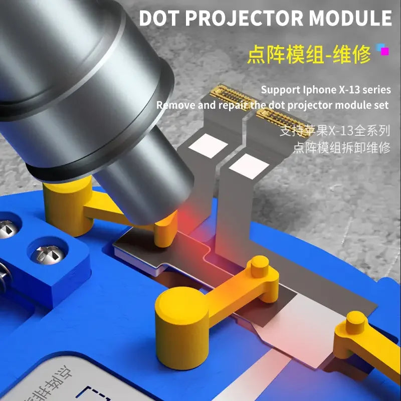 PhoneFix mechanic F-Fix Dot Projector Face ID fixture used as a motherboard test fixture for reballing and repair.