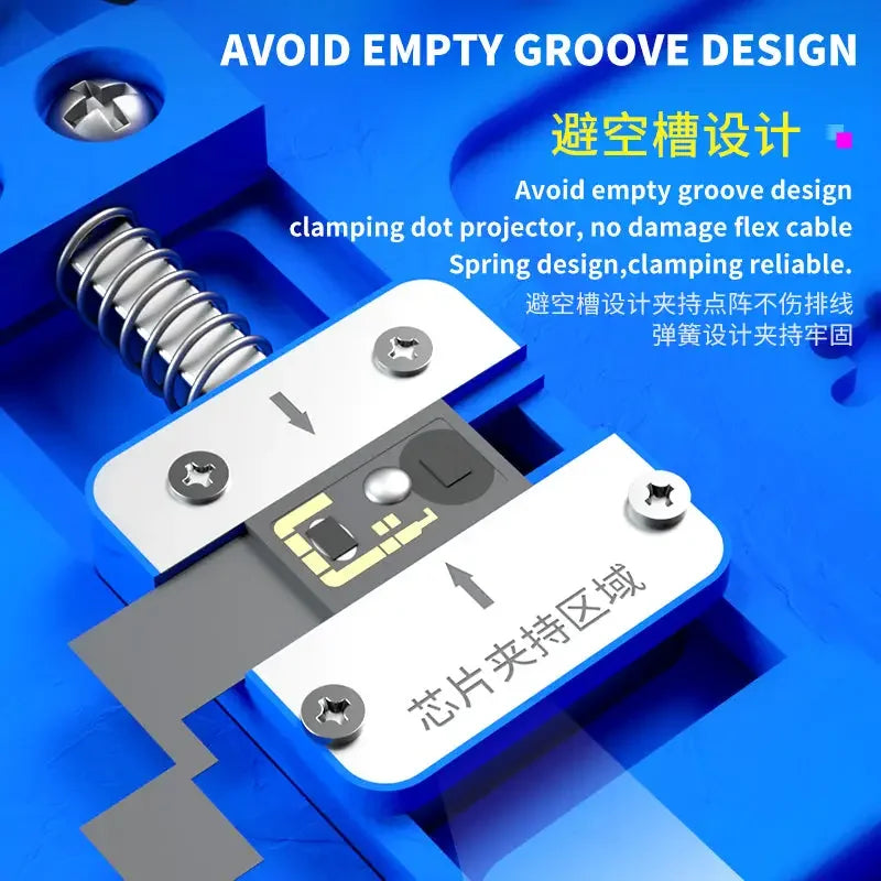 PhoneFix Motherboard Test Fixture with F-Fix Dot Projector Face ID Reballing Base for precise repair and testing.
