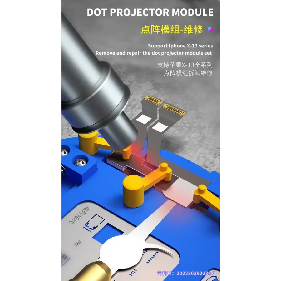 PhoneFix mechanic F-FIX dot projector Face ID fixture used as a motherboard reballing and testing base for electronics repairs.