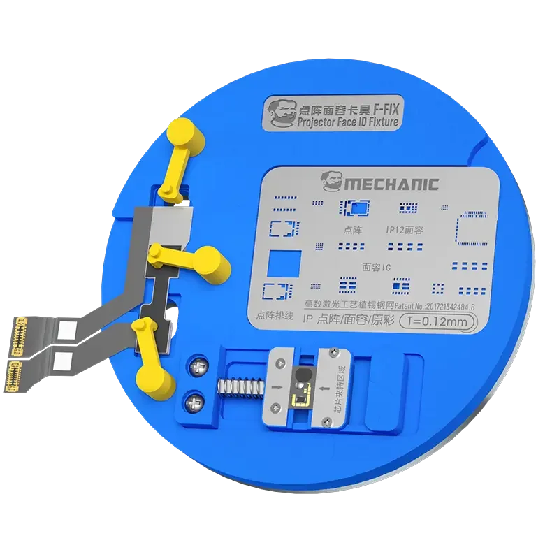PhoneFix F-Fix Dot Projector Face ID Fixture for motherboard reballing, used as a test fixture for repair and calibration.
