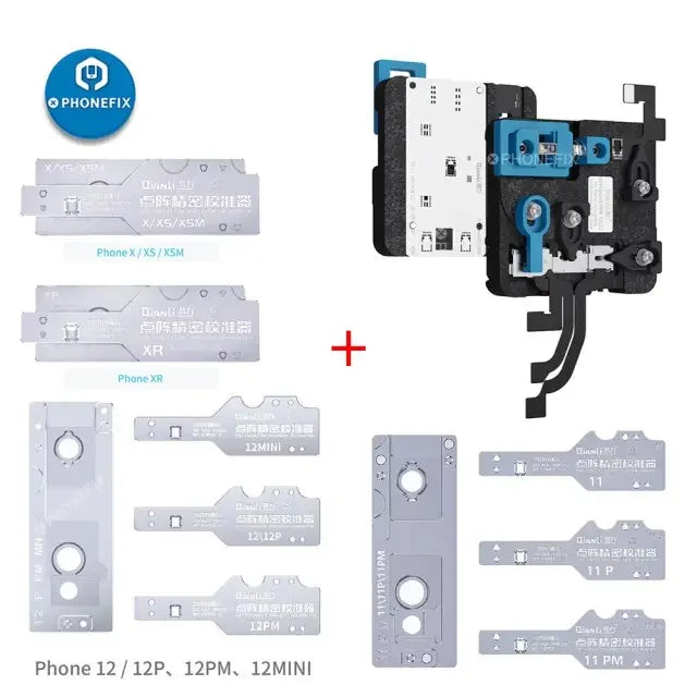 PhoneFix Qianli Dot Matrix Fixture with Stencils for iPhone X to 12 Pro Max motherboard testing and repair.
