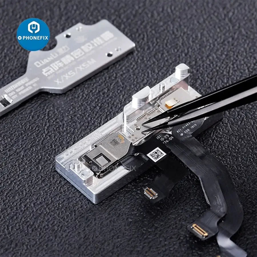 PHONEFIX Qianli Dot Matrix Fixture with Stencils for iPhone X-12 Pro Max motherboard repair testing and alignment.