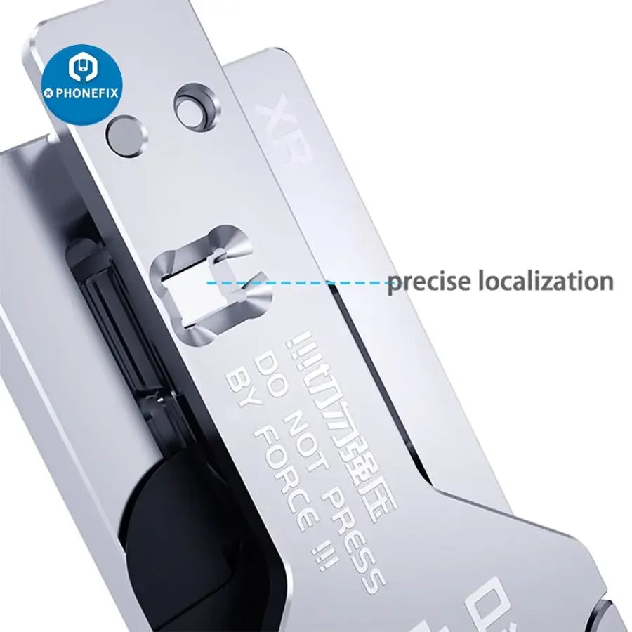 PhoneFix Qianli Dot Matrix Fixture with Stencils for iPhone X-12 Pro Max motherboard testing and repair setup.