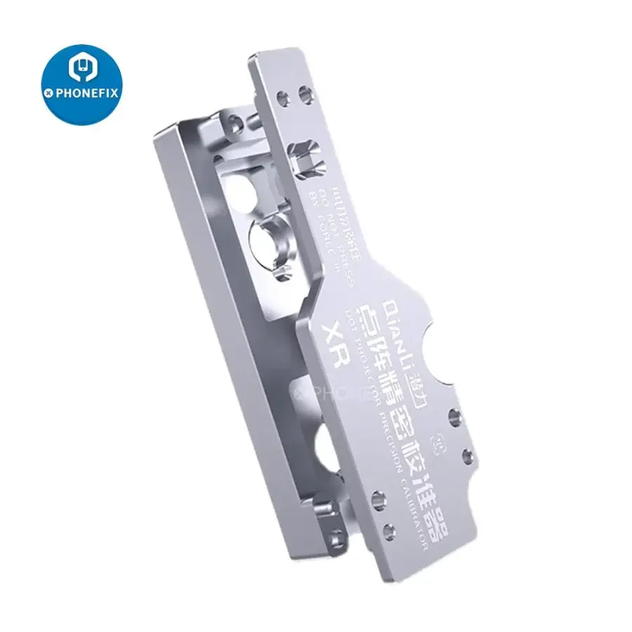 PhoneFix Qianli Dot Matrix Fixture with stencils for iPhone X to 12 Pro Max motherboard repair testing and alignment.