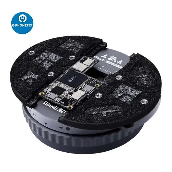 Qianli IPinch universal PCB holder for glue removing and soldering, PHONEFIX motherboard test fixture with adjustable clamps and base.