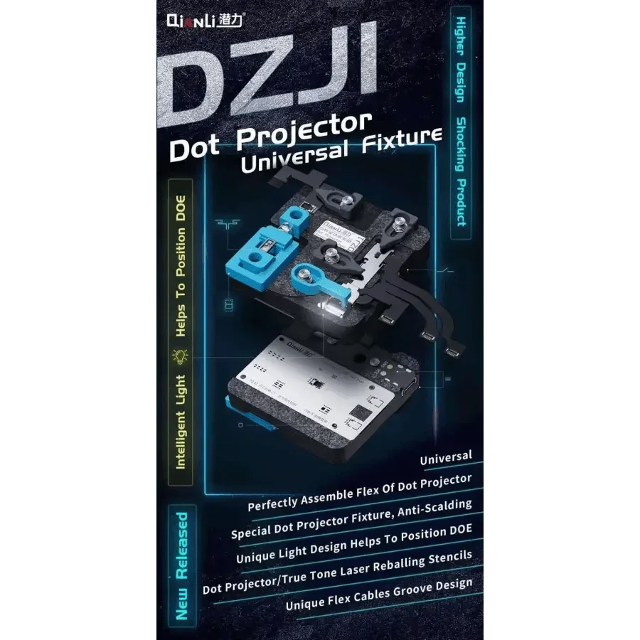 Qianli Universal Dot Projector Fixture for iPhone X-12 Pro Max Face ID repair, used as a motherboard test fixture by PHONEFIX.