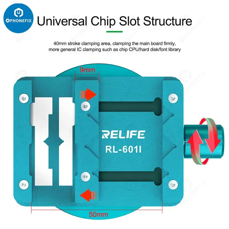 RELIFE RL-601i motherboard test fixture for BGA repair, compact rotary fixture designed for phone repair and motherboard testing.