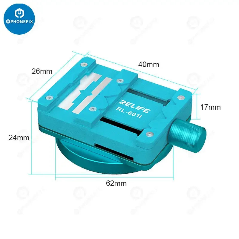 RELIFE RL-601i motherboard test fixture for BGA repair, mini rotary fixture with adjustable components for precise chip work.