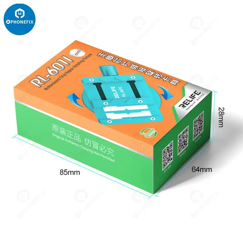 RELIFE RL-601i motherboard test fixture for BGA repair, compact rotary fixture with detailed components for phone repair.