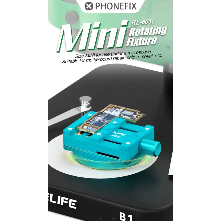 RELIFE RL-601i motherboard chip BGA repair mini rotary fixture for testing and repairing motherboards, used by phone repair technicians.